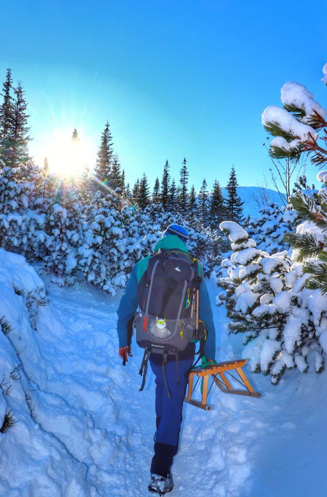 Turysta na zaśnieżonym żółtym szlaku idącym z Hali Gąsienicowej w stronę Kasprowego Wierchu