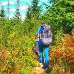 Turysta z dzieckiem, wąska dróżka leśna, wkoło kosodrzewina