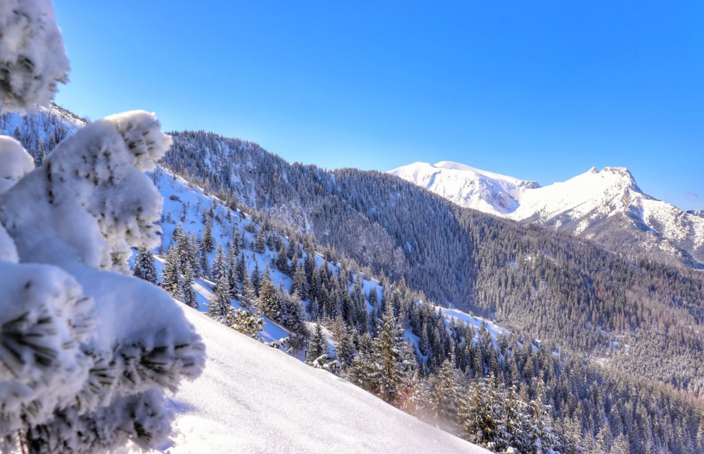 Zimowa sceneria, zaśnieżony Giewont widoczny z niebieskiego szlaku tuż przed Przełęczą między Kopami