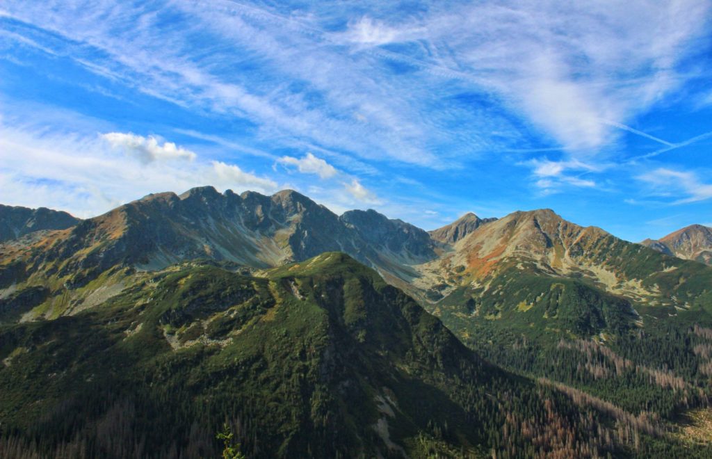 krajobraz górski rozciągający się ze szczytu Rakoń, zielono - złote Tatry na tle niebieskiego nieba