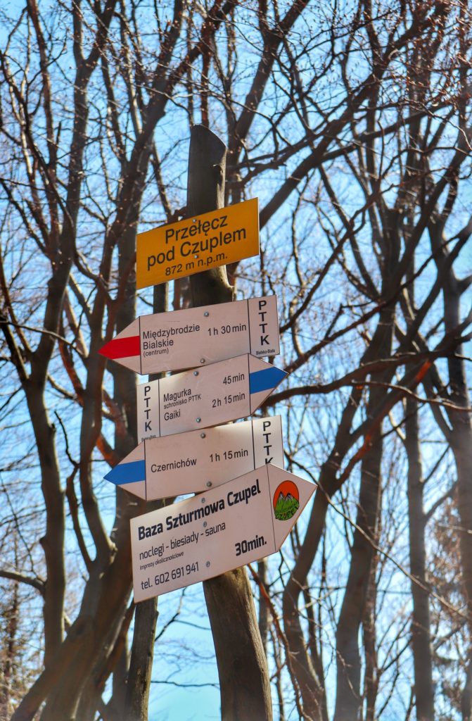 Żółta tabliczka, Przełęcz pod Czuplem, opis przebiegających tu szlaków czerwonego oraz niebieskiego