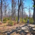 Dziecko bawiące się sterowanym autkiem na szczycie Czupel,kamienie, drzewa