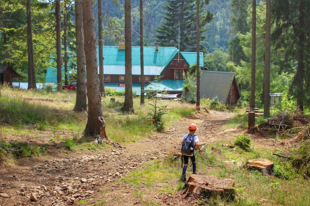 Dziecko idące leśną dróżką do schroniska na Przegibku