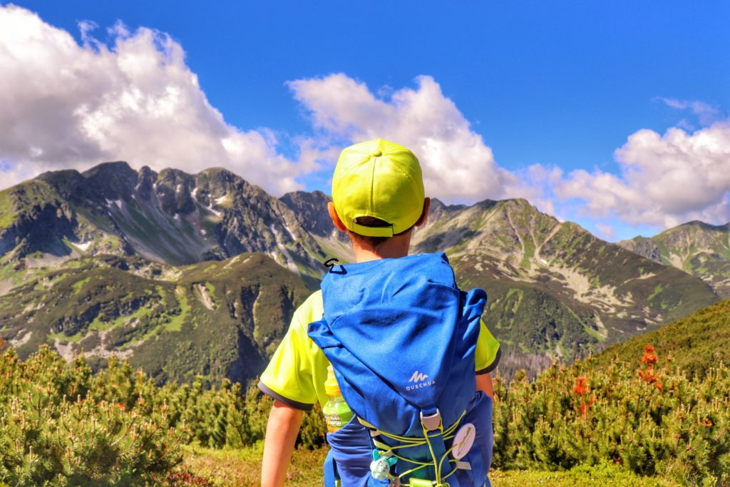 Dziecko stojące tyłem na tle tatrzańskich szczytów, Zabratowa Przełęcz