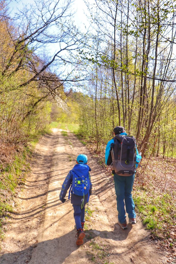 Dziecko z tatą idące leśną ścieżką, wiosenny dzień