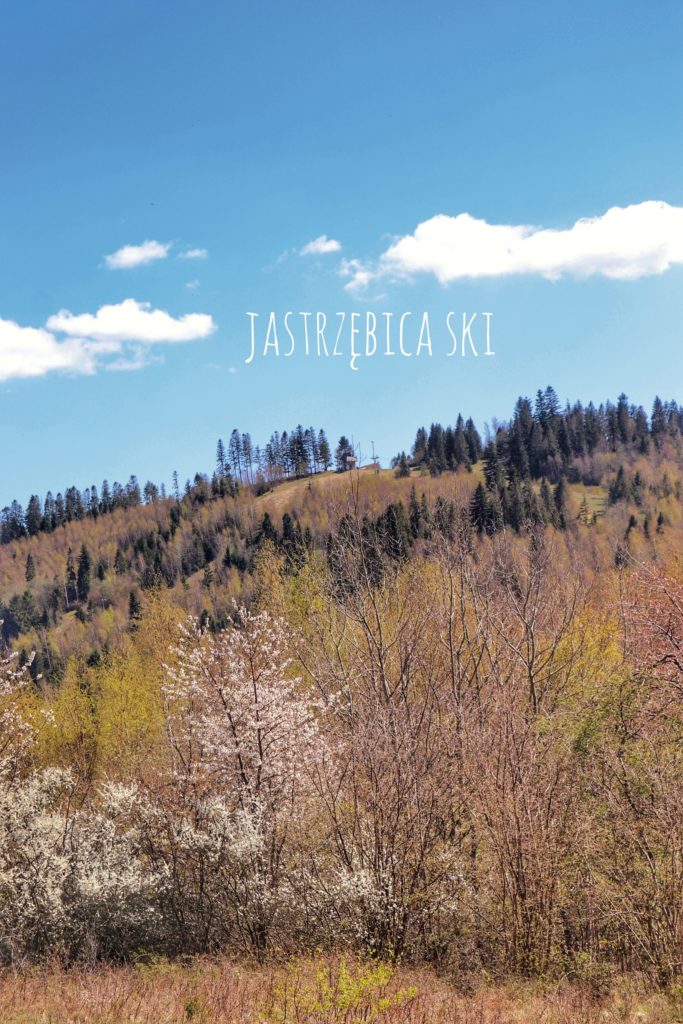 Jastrzębica SKI widziana z polany położonej na niebieskim szlaku prowadzącym ze wsi Trzebinia, wiosenny dzień