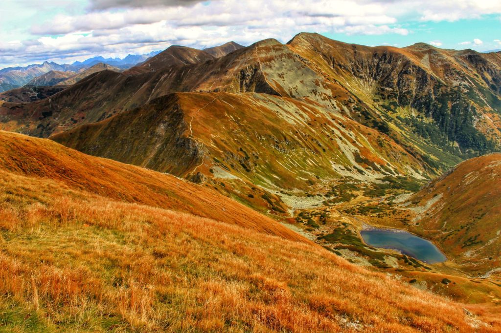 Jesień na Wołowcu, szczyty tatrzańskie pokryte żółto - rdzawą trawą, widoczny niewielki staw