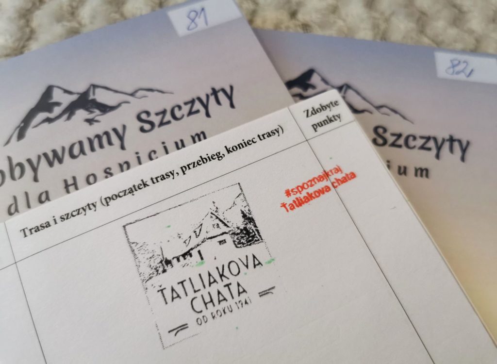 Pieczątka schroniska Tatliakova Chata - Słowacja, książeczki akcji Zdobywamy Szczyty dla Hospicjum