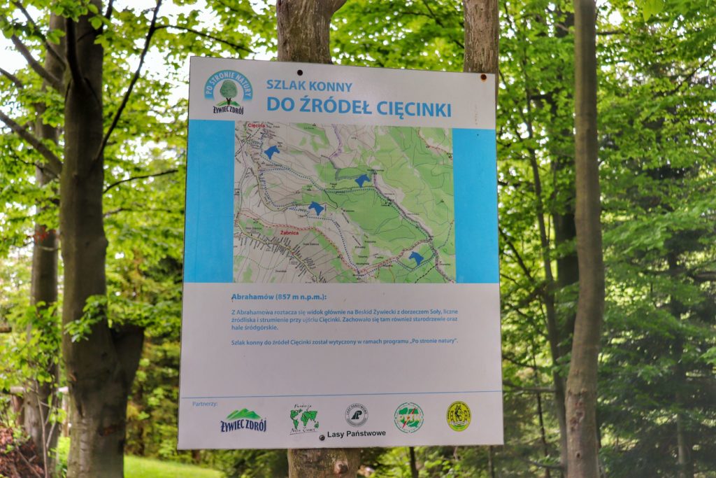 Biała tablica na szczycie Słowianka opisująca szlak konny do źródeł Ciencinki