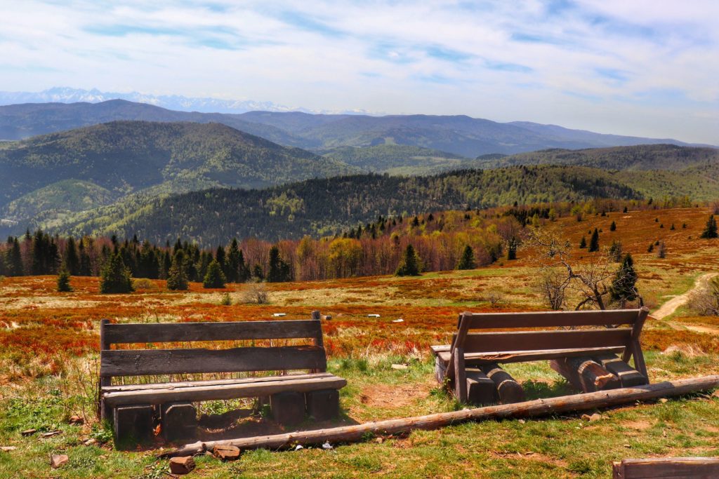Drewniane ławki, krajobraz górski rozciągający się z Polany Stumorgowej