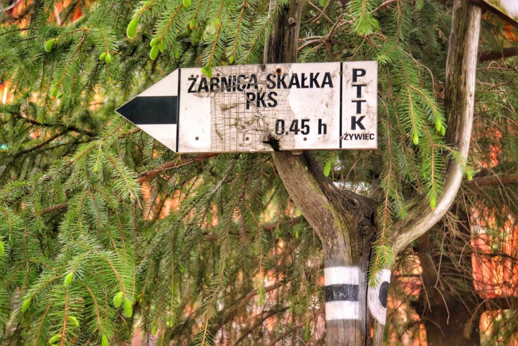 Drogowskaz, czarny szlak - 45 minut do Żabnicy Skałka PKS