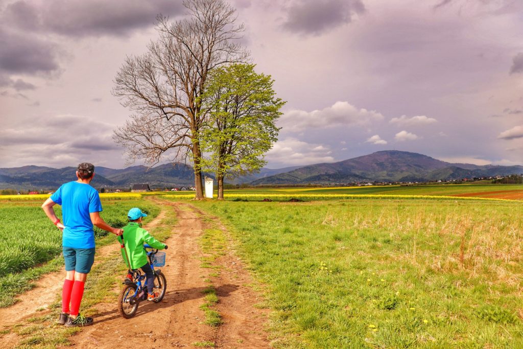Mężczyzna z dzieckiem na rowerku idący w kierunku pól rzepaku