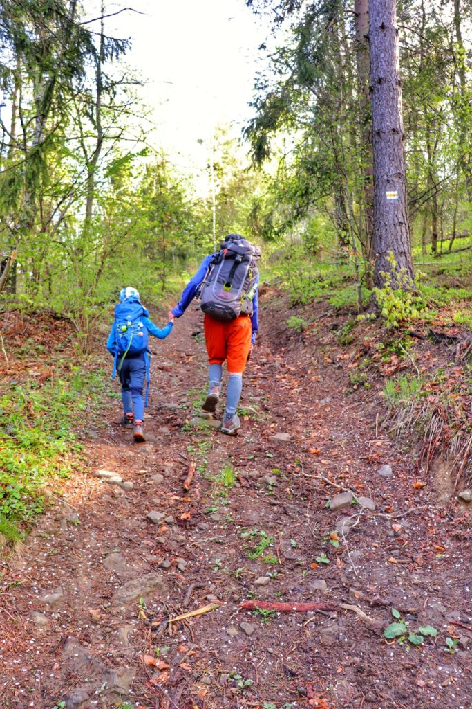 Mężczyzna z dzieckiem pokonujący podejście na żółtym szlaku idącym z Koszarawy, leśna ścieżka
