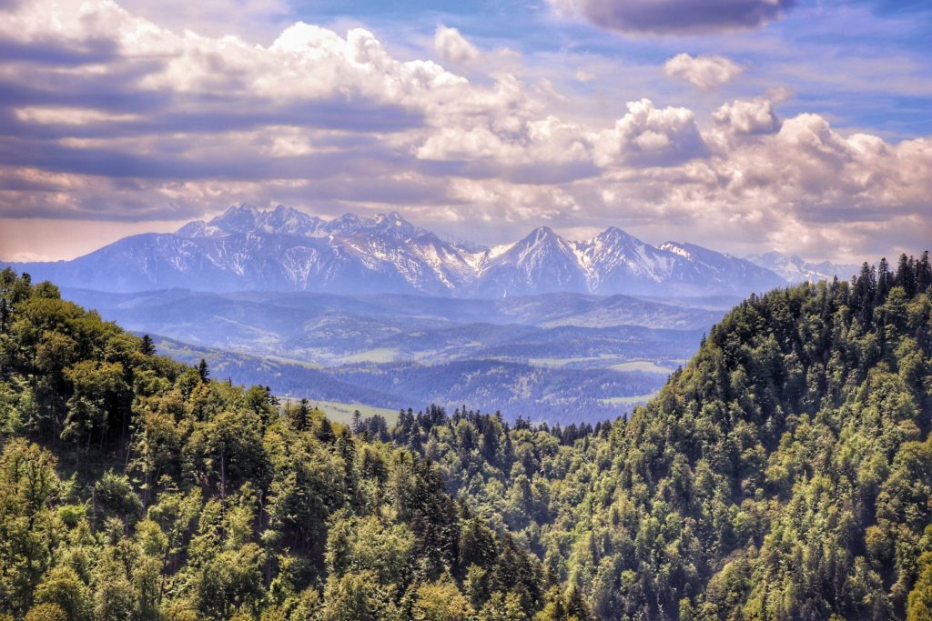 Widok na Tatry ze szczytu Sokolica, zachmurzone niebo
