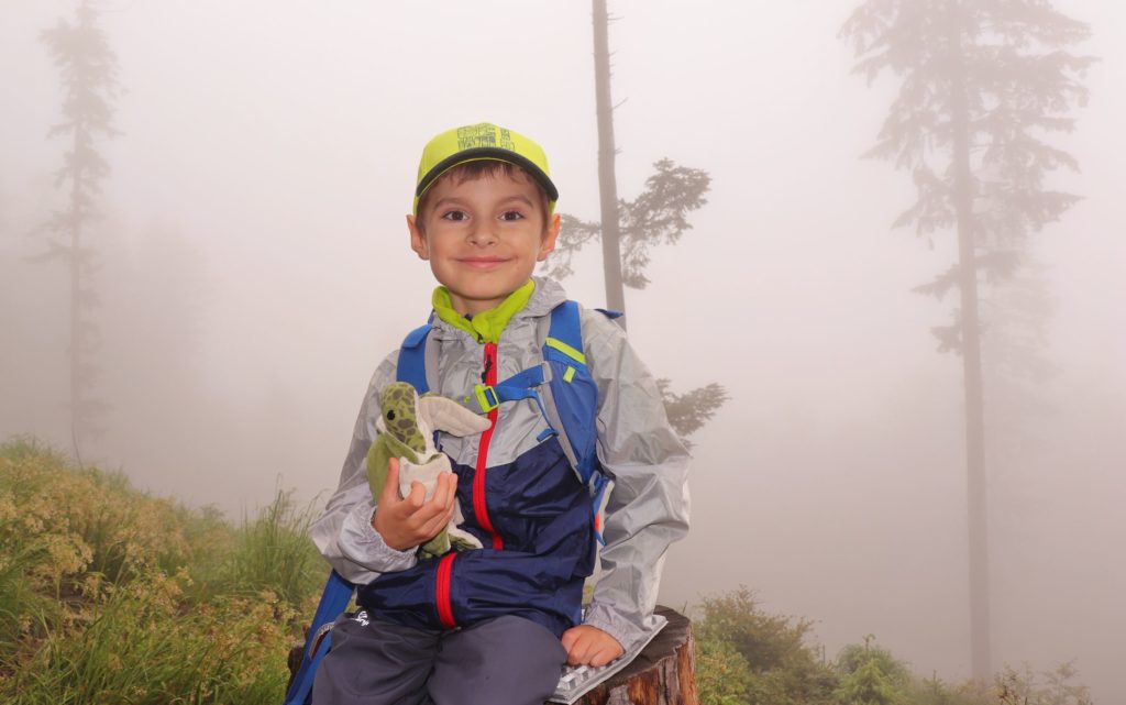 Mały turysta, uśmiechnięte dziecko na szlaku zielonym w Brennej odpoczywające na konarze drzewa, mglisty dzień