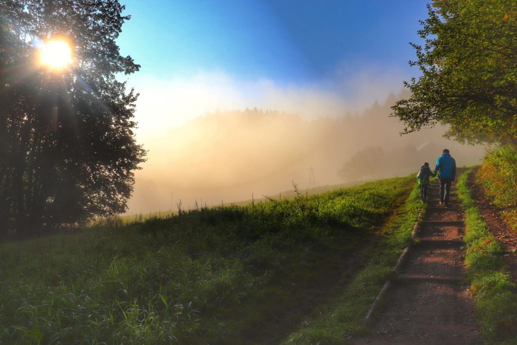 Polana - Pod Natonia w Pieninach na zielonym szlaku na Sokolicę, turysta idący z dzieckiem po drewnianych schodach, poranna, jesienna mgła