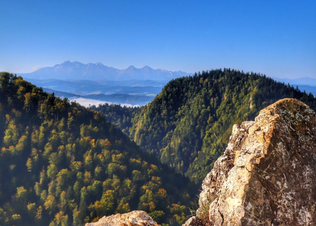 Skały, widok na ośnieżone Tatry, jesień na Sokolicy w Pieninach