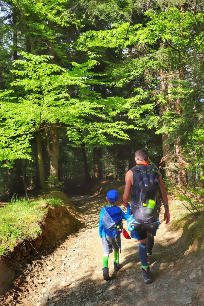 Tata z synem idący leśną ścieżką, słoneczny dzień