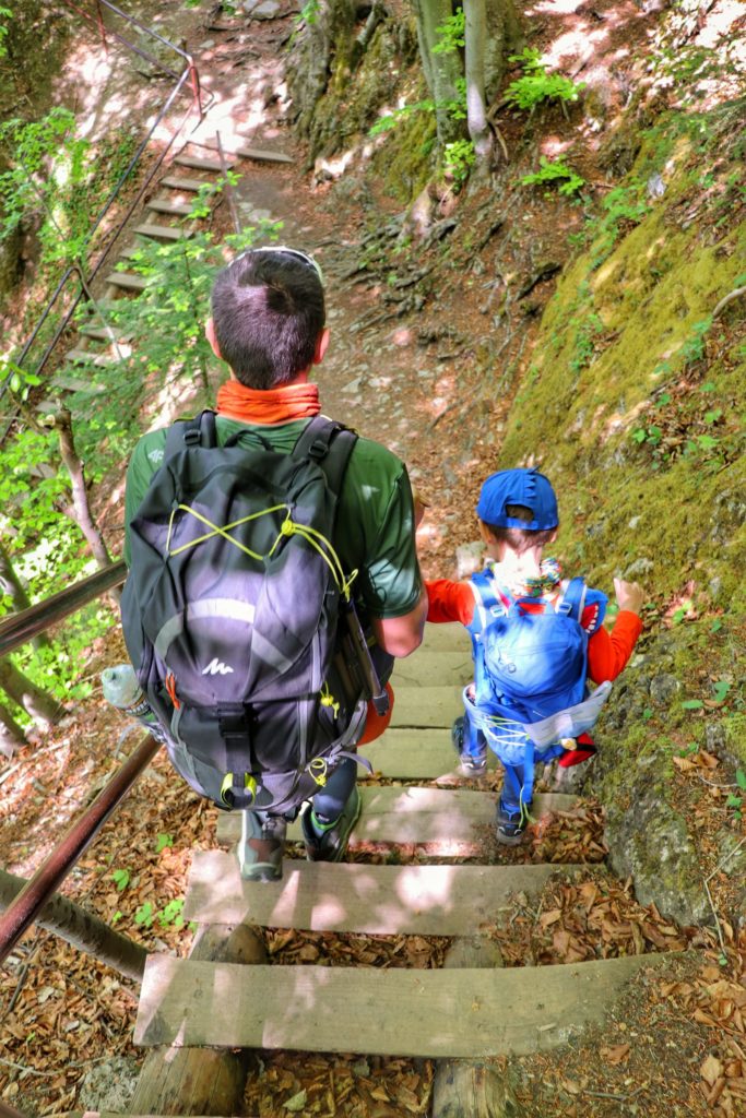 Turysta z dzieckiem schodzący do Zamku Pieniny - drewniane, bardzo strome schody