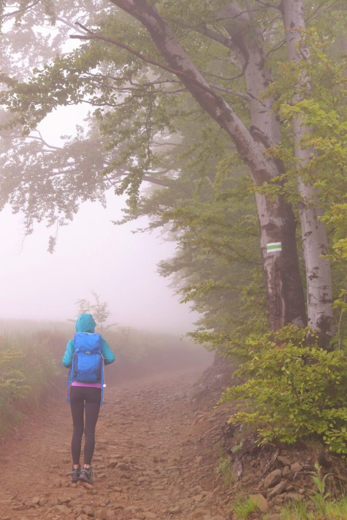 Turystka idąca kamienistym szlakiem w kolorze zielonym na Błatnią, mgła