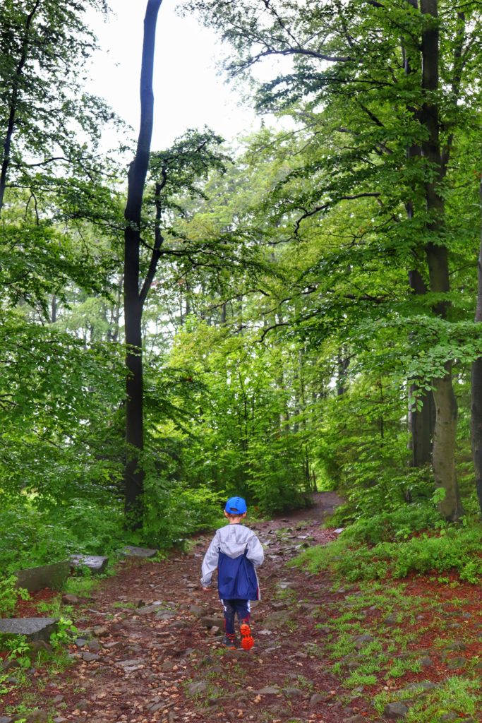 Dziecko idące leśną ścieżką w stronę Hrobaczej Łąki