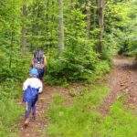 Dziecko z tatą idące czarnym szlakiem, odbicie szlaku czarnego w lewo, las