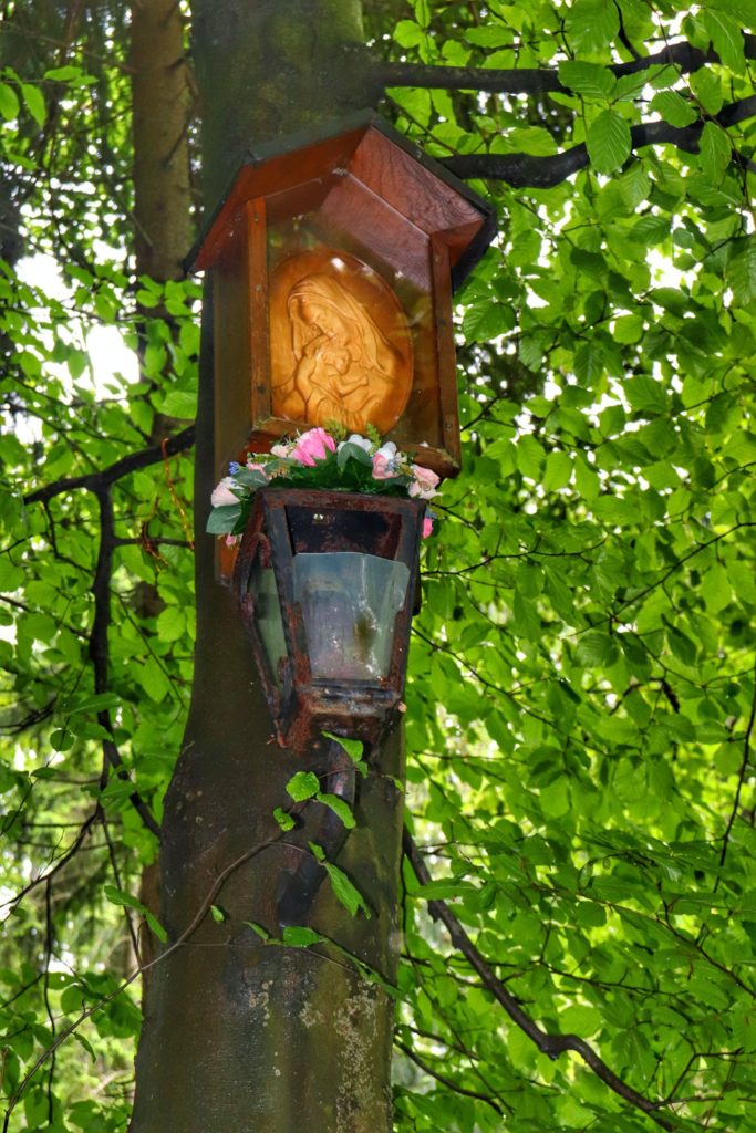 Kapliczka leśna przy źródełku Maryjnym przy szlaku na Hrobaczą Łąkę