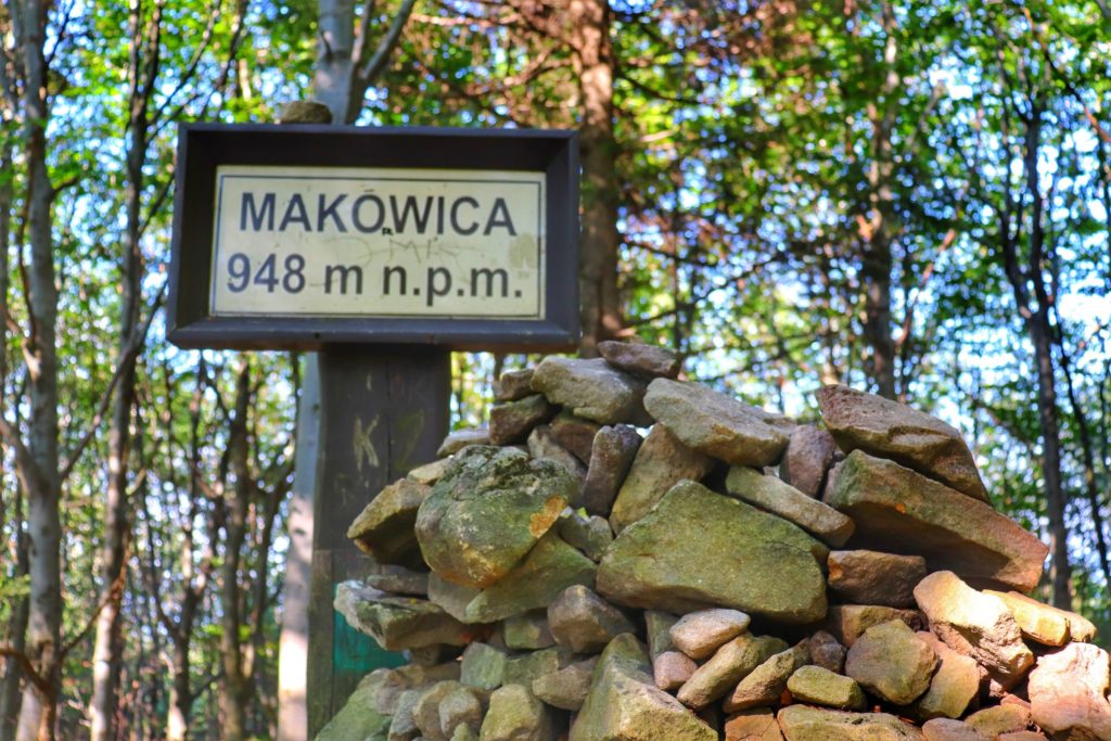 Tablica z napisem Makowica (Beskid Sądecki), stos kamieni, las