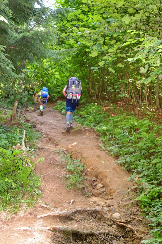 Turysta z dzieckiem idący stromo w górę leśną ścieżką, czerwony szlak na Polanę Kretówki