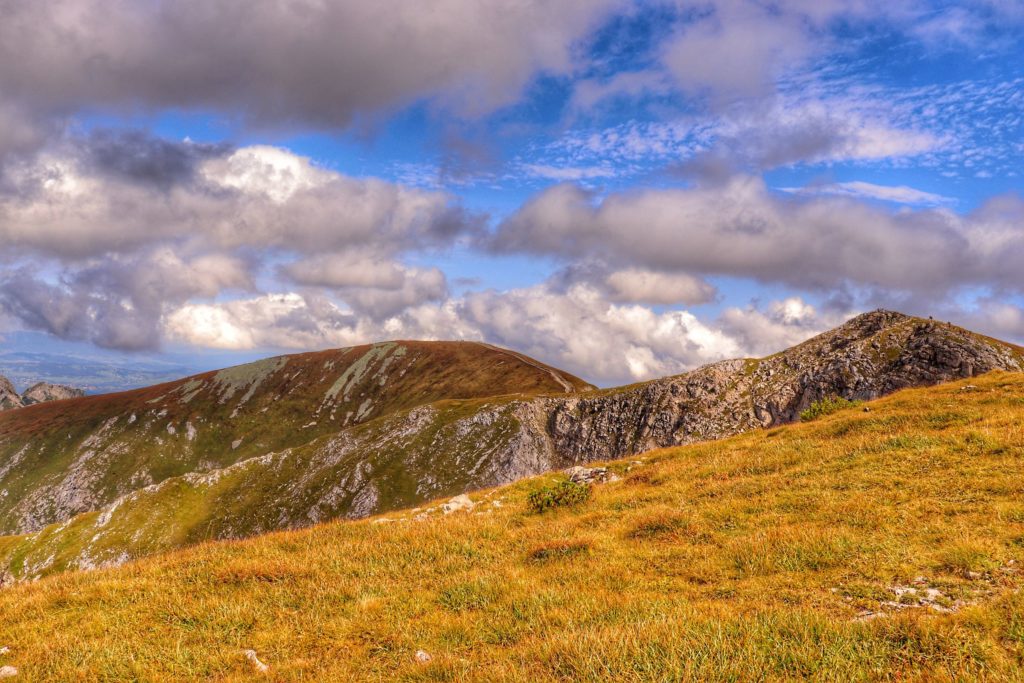 Czerwone Wierchy, okolice szczytu Ciemniak, jesień - żółta trawa, niebo pokryte gęstymi, białymi chmurami