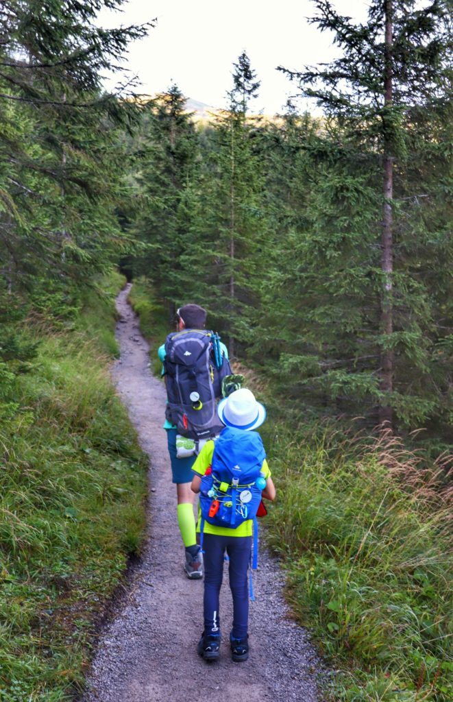 Mały turysta - dziecko idące z tatą wąską ścieżką prowadzącą przez las w Tatrach