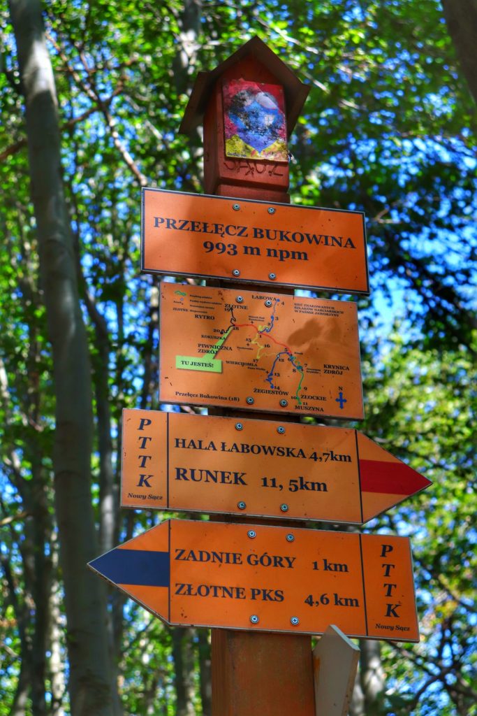 Pomarańczowe tablice - Przełęcz Bukowina 993 m n.p.m. opis przechodzących przez Przełęcz Bukowina szlaków - czerwonego i niebieskiego