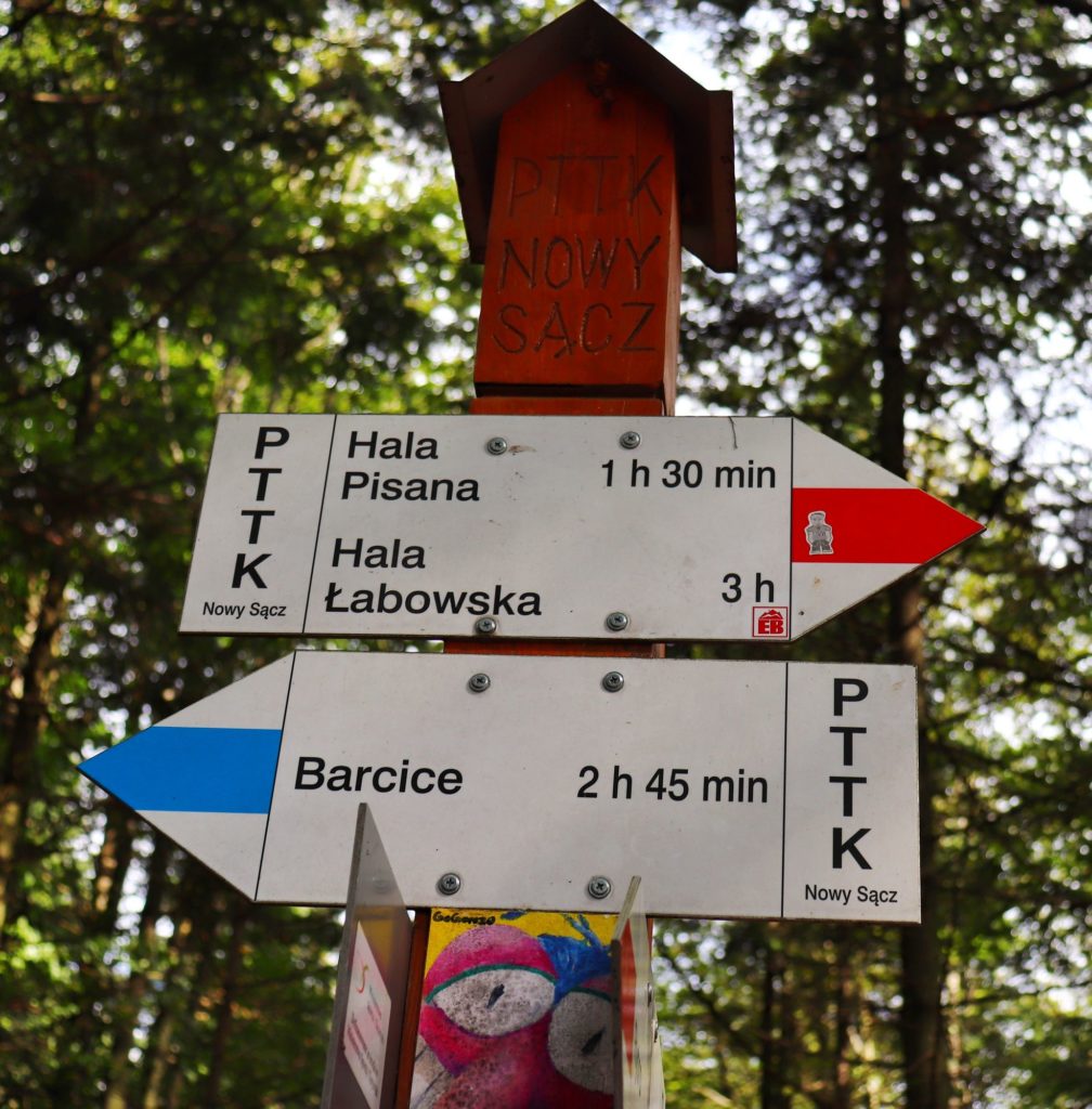 Rozdroże pod Makowicą, drogowskaz opisujący szlak czerwony na Halę Pisaną oraz niebieski - Barcice