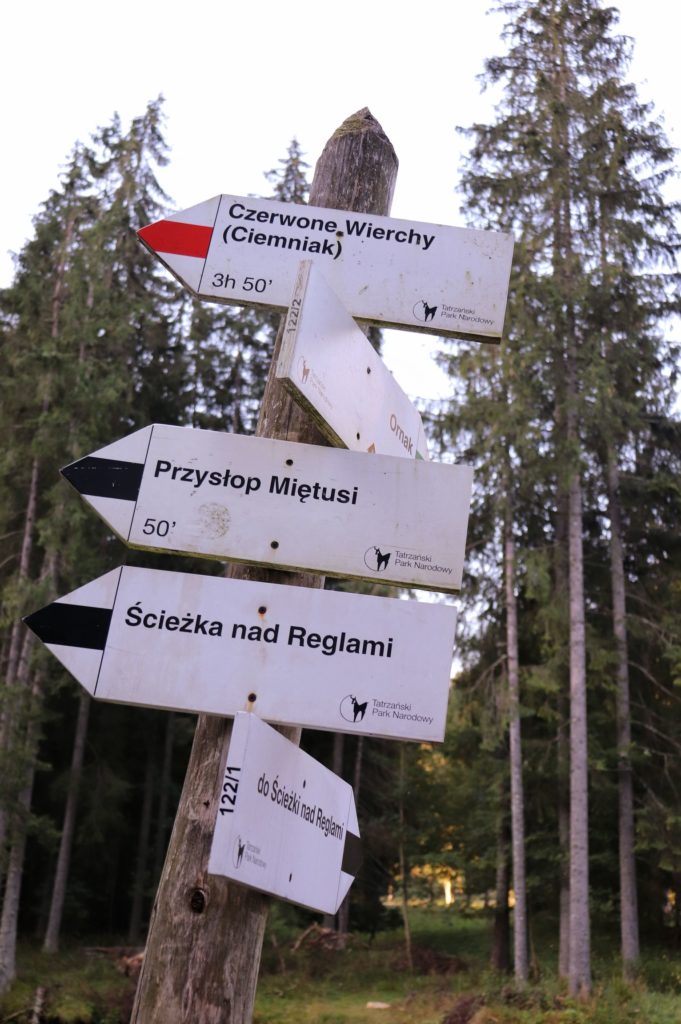 Słup w Dolinie Kościeliskiej, tabliczka z napisem Czerwone Wierchy - Ciemniak 3h 50', opis szlaku czarnego