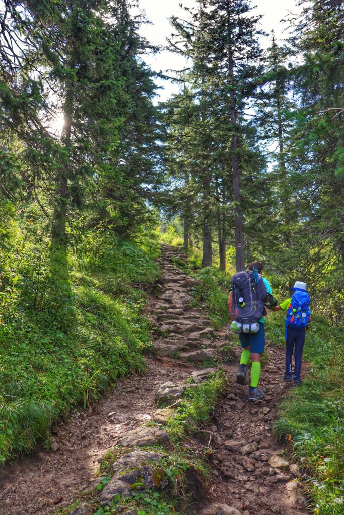 Turysta z dzieckiem idący leśną, pnącą się w górę ścieżką w Tatrzańskim Parku Narodowym, kamieniste podłoże
