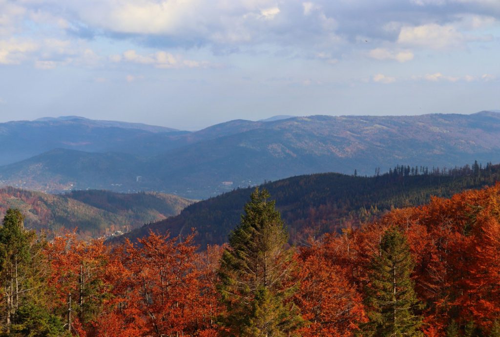 Beskid Śląski oraz Beskid Żywiecki widziany ze szczytu Klimczok, jesienne barwy