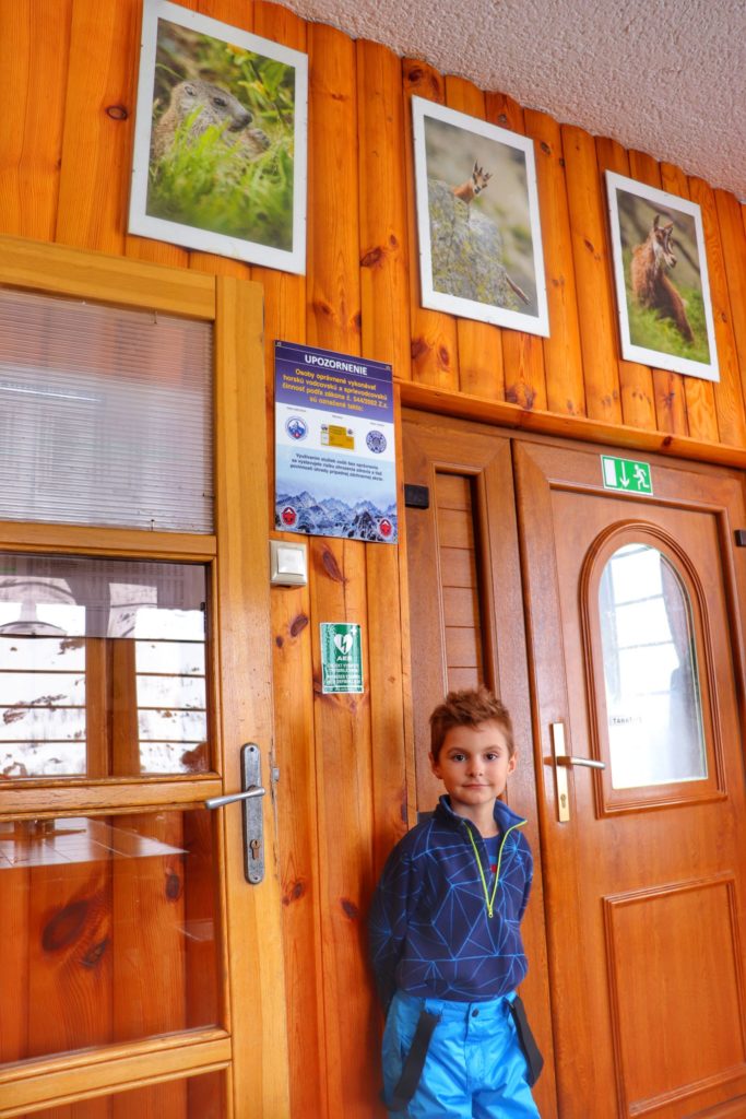 Dziecko w schronisku nad Zielonym Stawem Kieżmarskim w Tatrach Wysokich na Słowacji, na ścianie obrazy świstaka oraz górskich kozic