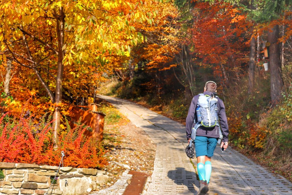 Turysta wędrujący betonową drogą w Szczyrku w kierunku szczytu Klimczok, jesień