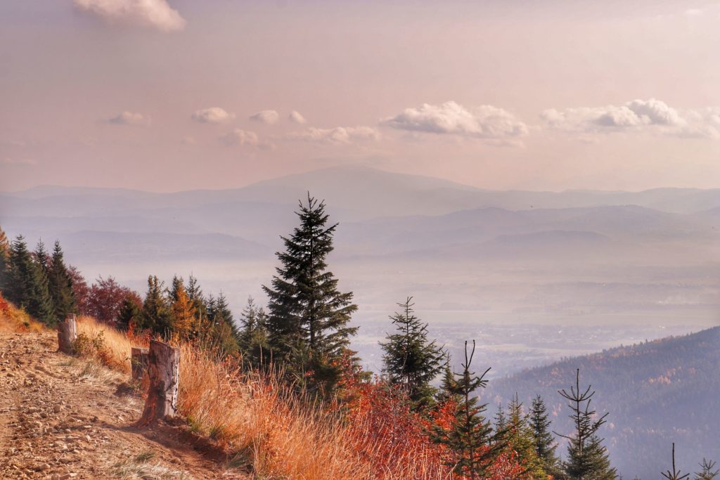 Widok na Królową Beskidów - Babią Górę z niebieskiego szlaku na Klimczok idącego ze Szczyrku, jesienne mgły