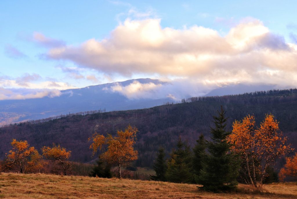 Jesienny widok na Pasmo Babiej Góry ze szczytu Beskidek