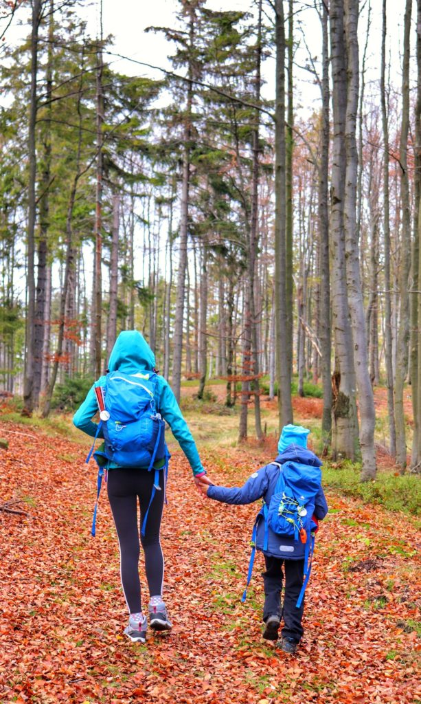 Turystka idąca z dzieckiem leśną drogą w kierunku miejsca o nazwie Czerniawa Sucha, jesień
