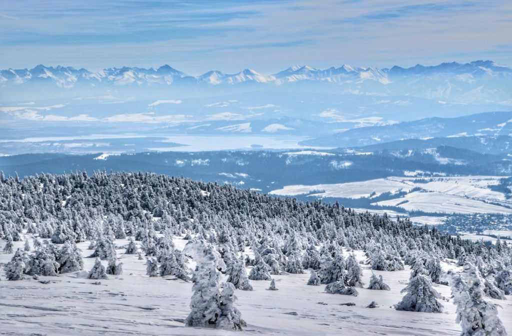 Doskonały, zimowy widok na Tatry ze słowackiego szczytu Pilsko, śnieg