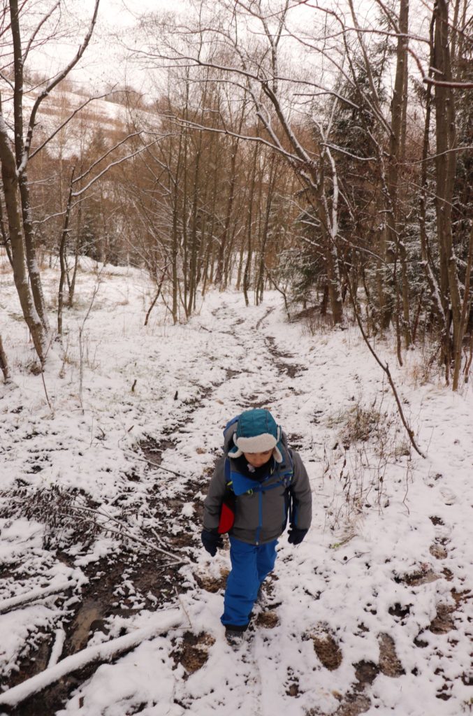 Dziecko, zaśnieżona ścieżka leśna
