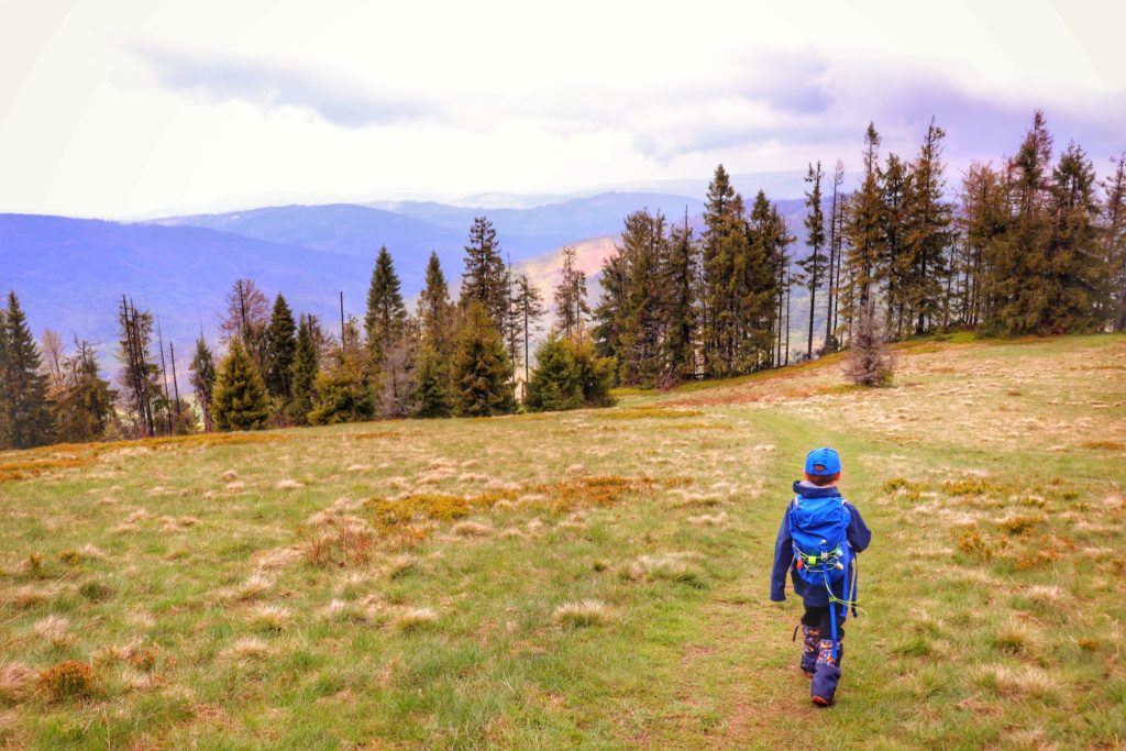 Mały turysta - dziecko idące przez polanę w Beskidzie Żywieckim, widok na góry