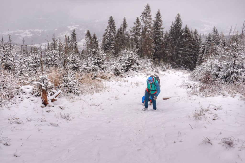 Turysta, dziecko siedzące na sankach, pnąca się w górę, zaśnieżona droga