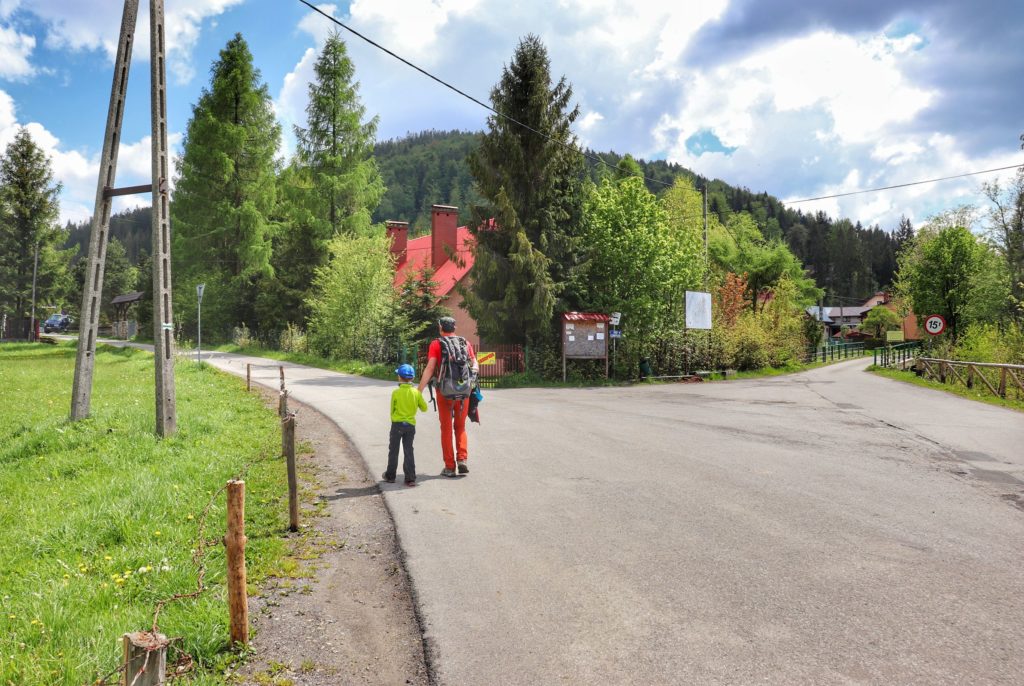 Turysta z dzieckiem idący drogą asfaltową zielonym szlakiem - Roztoki Górne