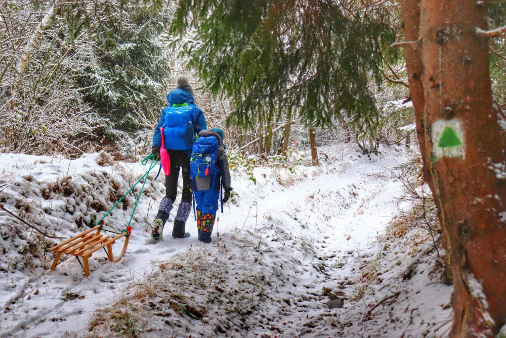 Turystka idąca z dzieckiem z sankami zielonym szlakiem bazowym na Przysłop Potócki, leśna ścieżka
