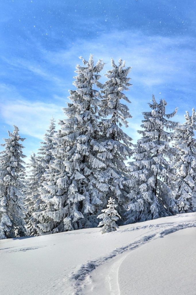 Zimowy szlak niebieski na Pilsko, duże ilości śniegu, błękitne niebo