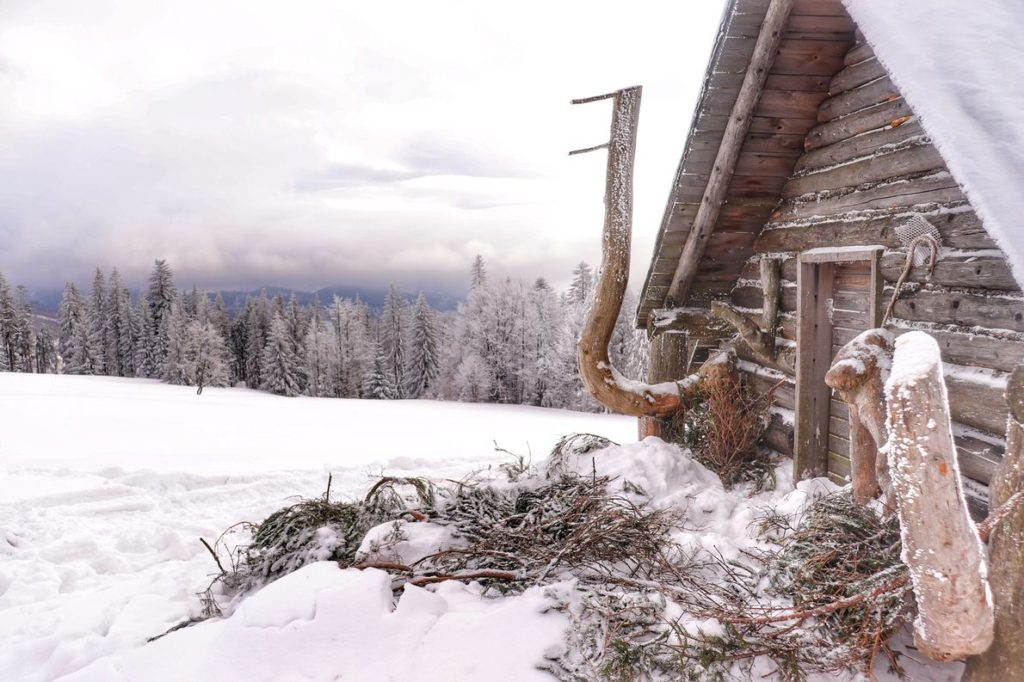 Drewniana chatka - Bacówka położona na Hali Baraniej u podnóża Baraniej Góry, zima
