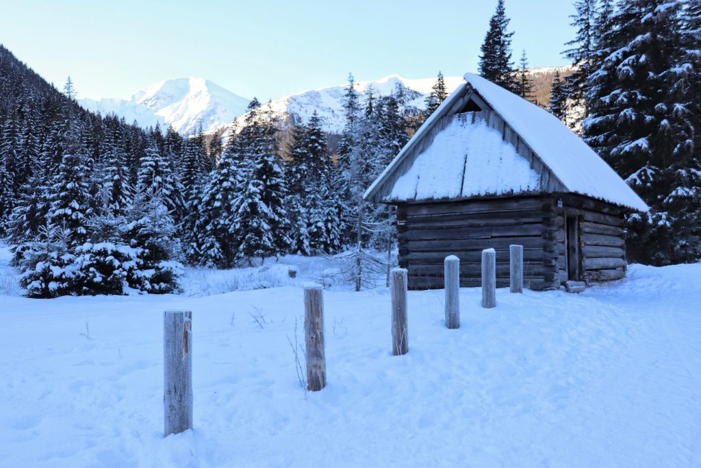 Drewniany szałas na Polanie Chochołowskiej, w tle zima, zaśnieżone Tatry